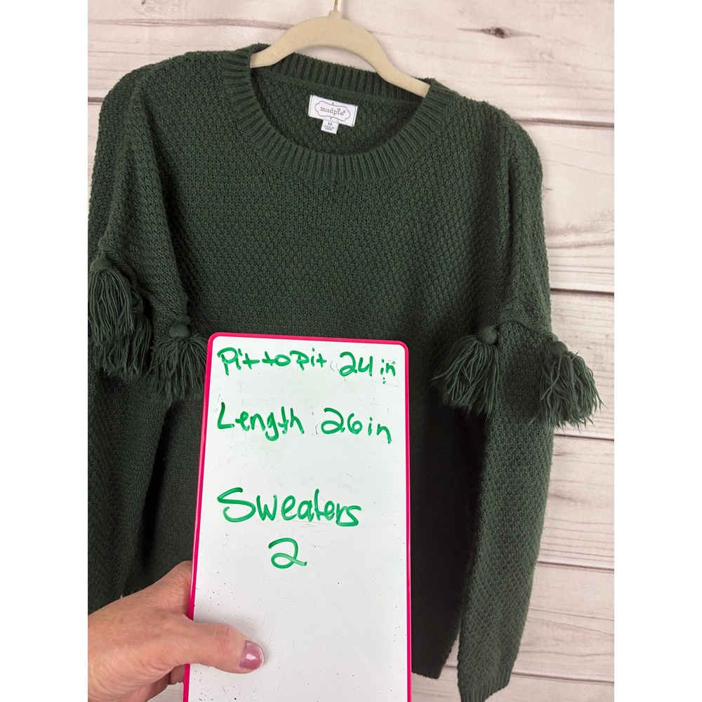 Mud Pie Green Textured Knit Tassel Sleeve Sweater Womens Medium Pullover - Picture 7 of 7